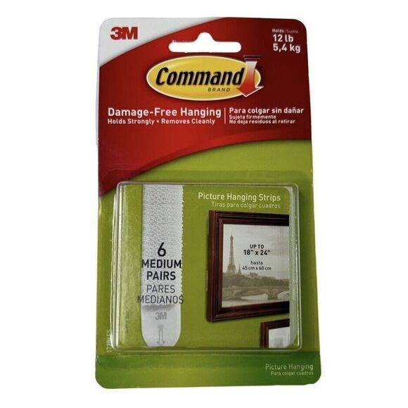 Command Medium Picture Hanging Strips 17204ES Damage Free Strong White, 6 Pairs - Picture 1 of 6